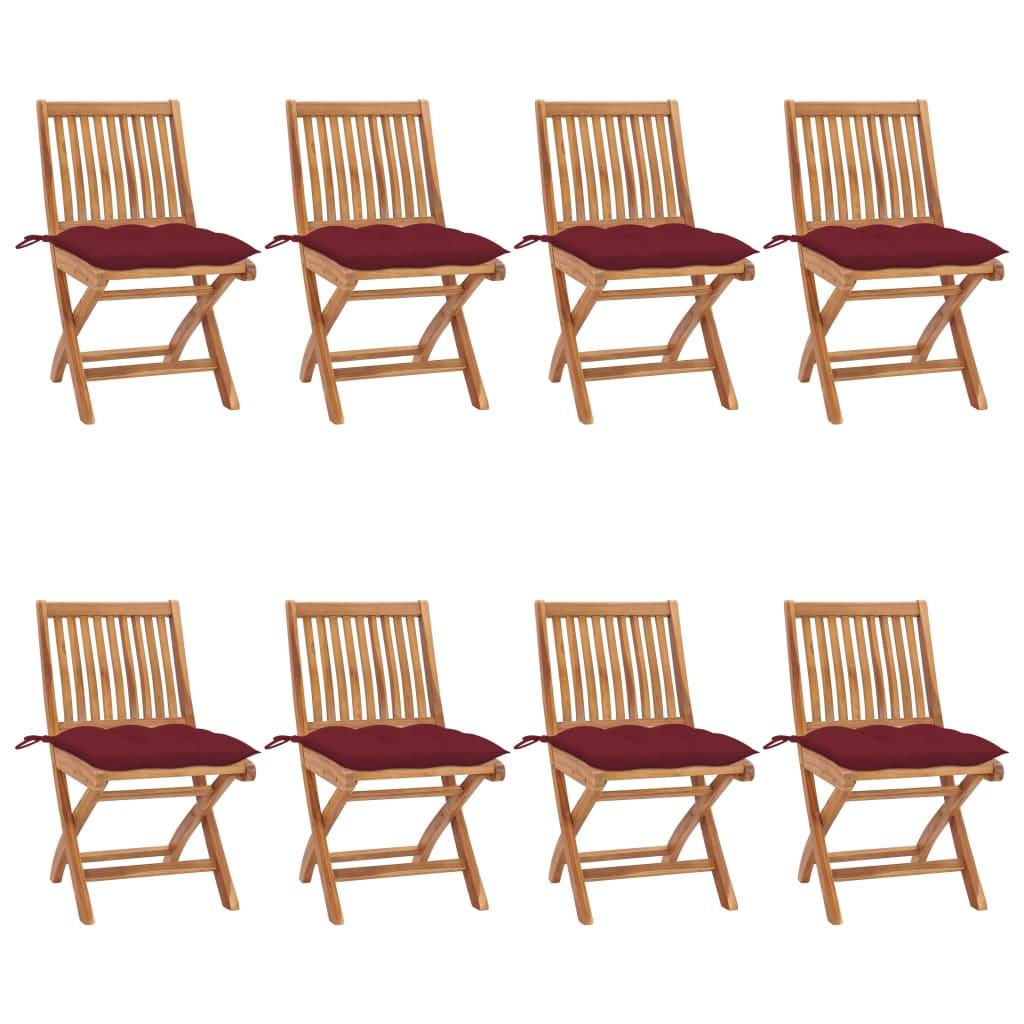 Foldbare Havestole Med Hynder Massivt Teaktræ - Vinrød / 8