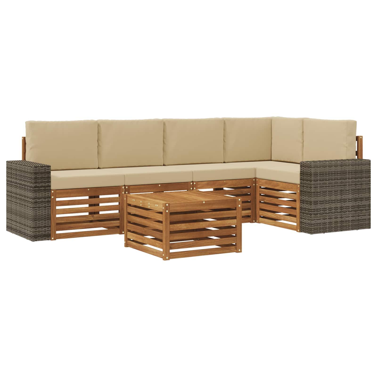 Sektionalsofa sæt - 6 dele i naturlig og beige, massivt akacietræ