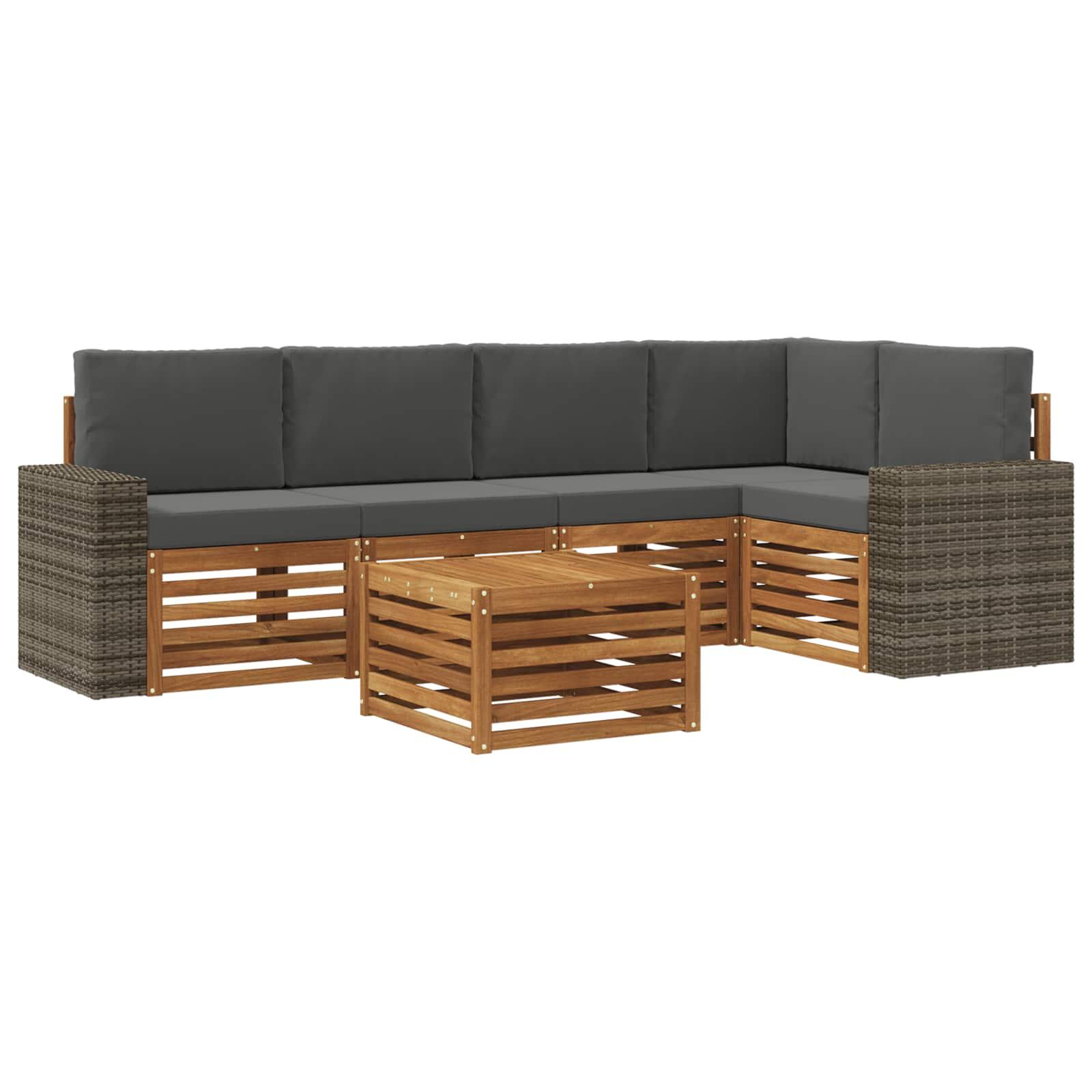 Sektionalsofa sæt til terrasse - 6 dele i massivt akacietræ, naturlig/antracit