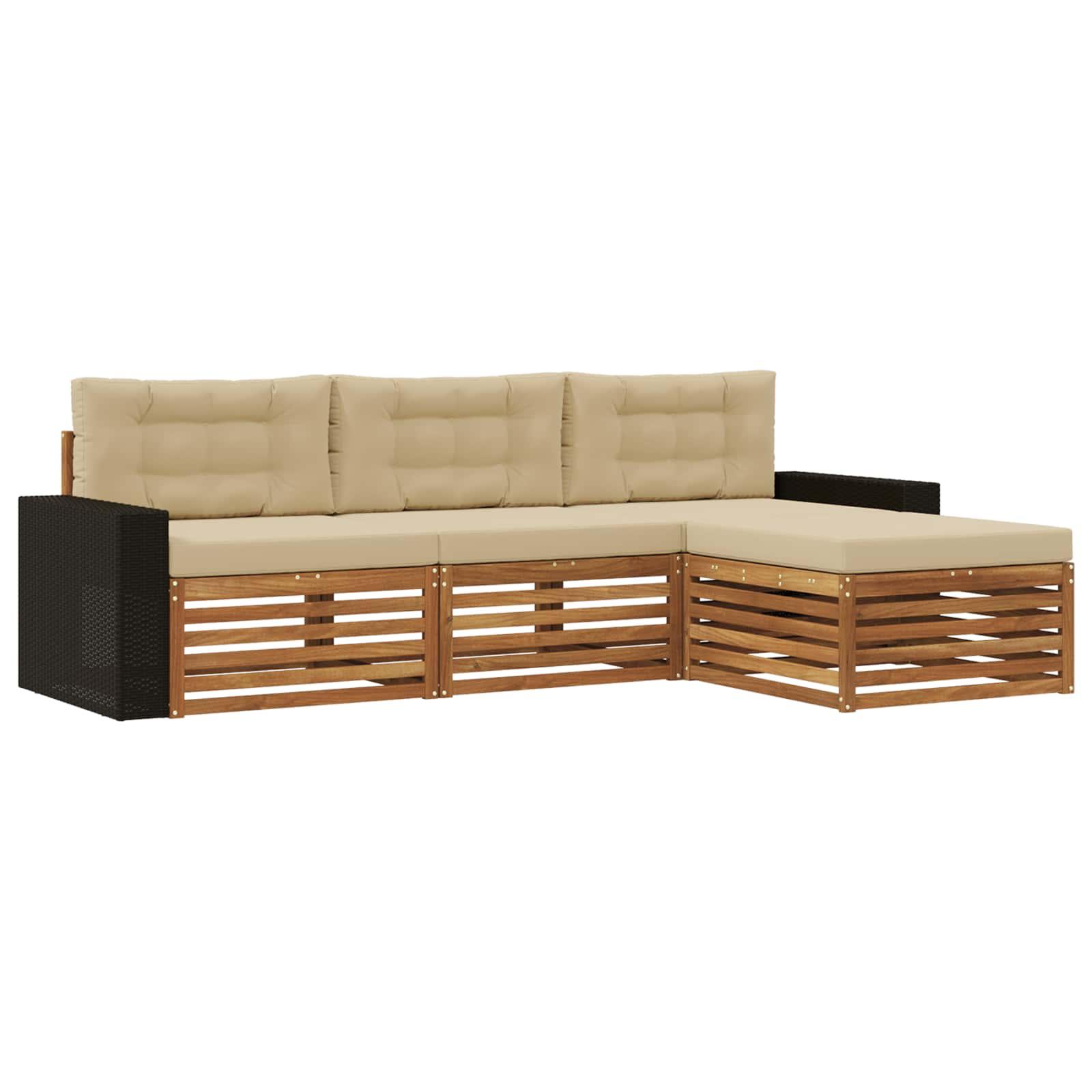 Udendørs sofagruppe i akacietræ med puder - naturlig/beige, 4-delt modulsofa