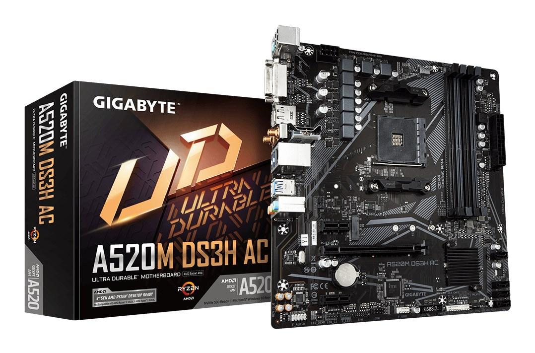 Gigabyte A520M DS3H AC bundkort - AM4, micro ATX, Wi‑Fi 5, DDR4 op til 4.733 MHz, M.2, GbE billede