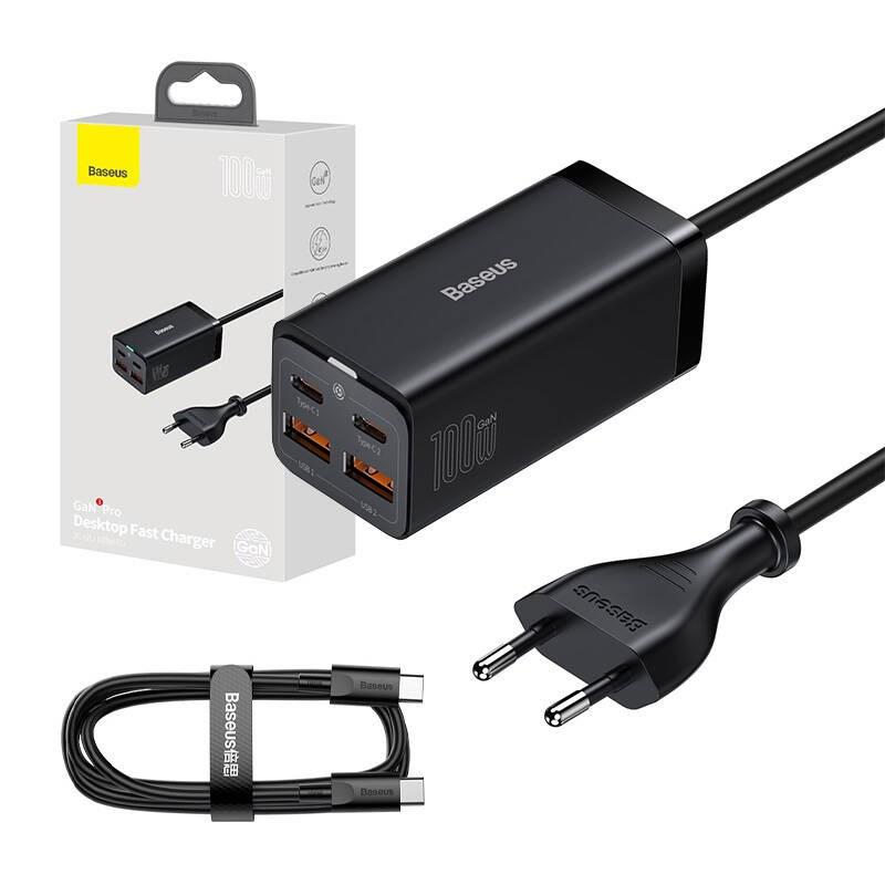 Baseus GaN 3 Pro bordoplader 100 W - 2x USB-A + 2x USB-C, PD 3.0/QC 4.0+ billede