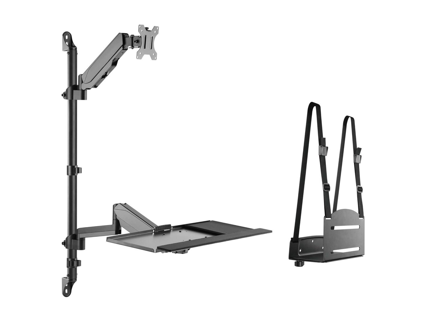 EQUIP 650170 vægmonteret arbejdsstation – gasfjeder arm med skærmbeslag 17"–32", tastaturhylde og CPU-holder – sort