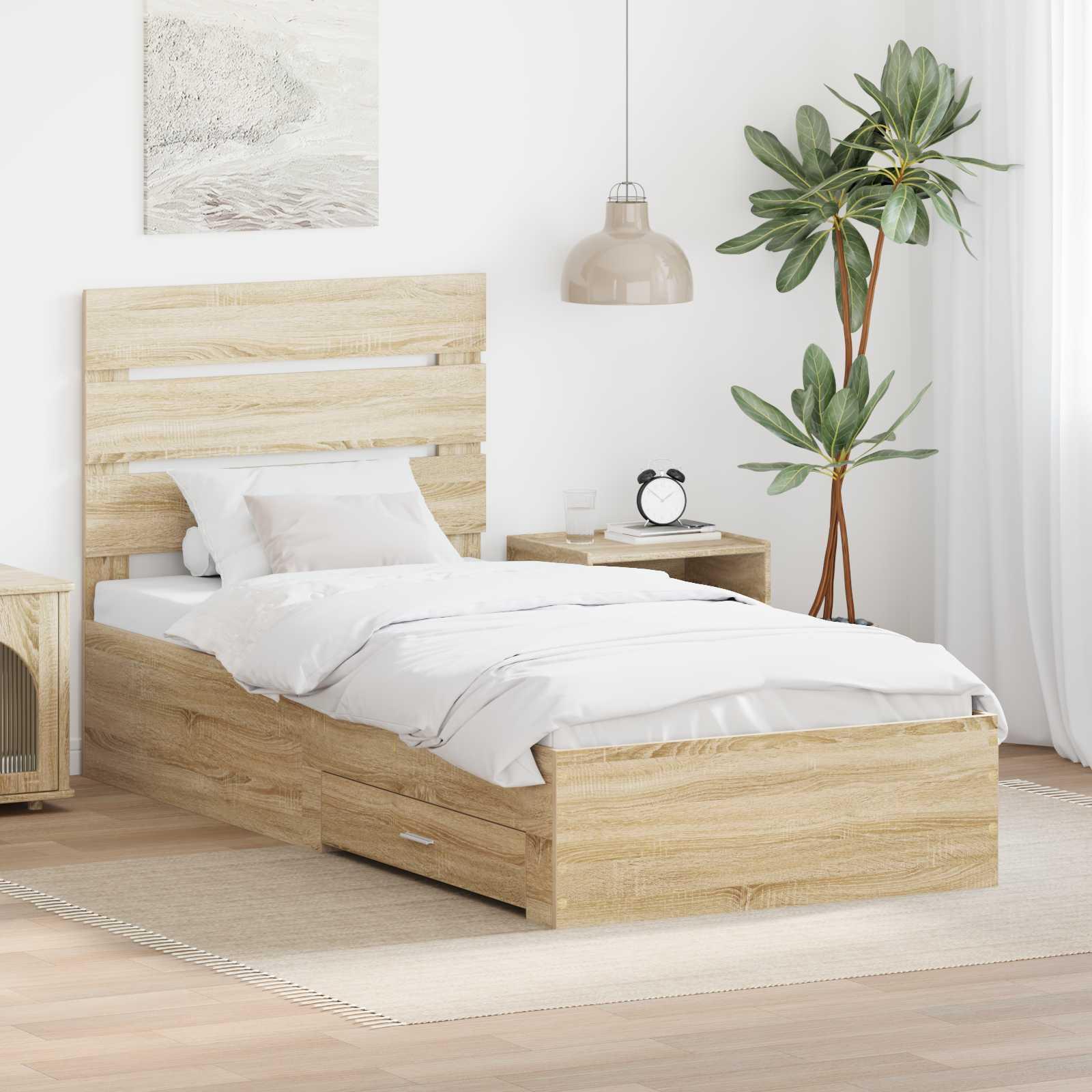 Opbevaringsseng i sonoma eg/sølv 75 × 190 cm - konstrueret træ