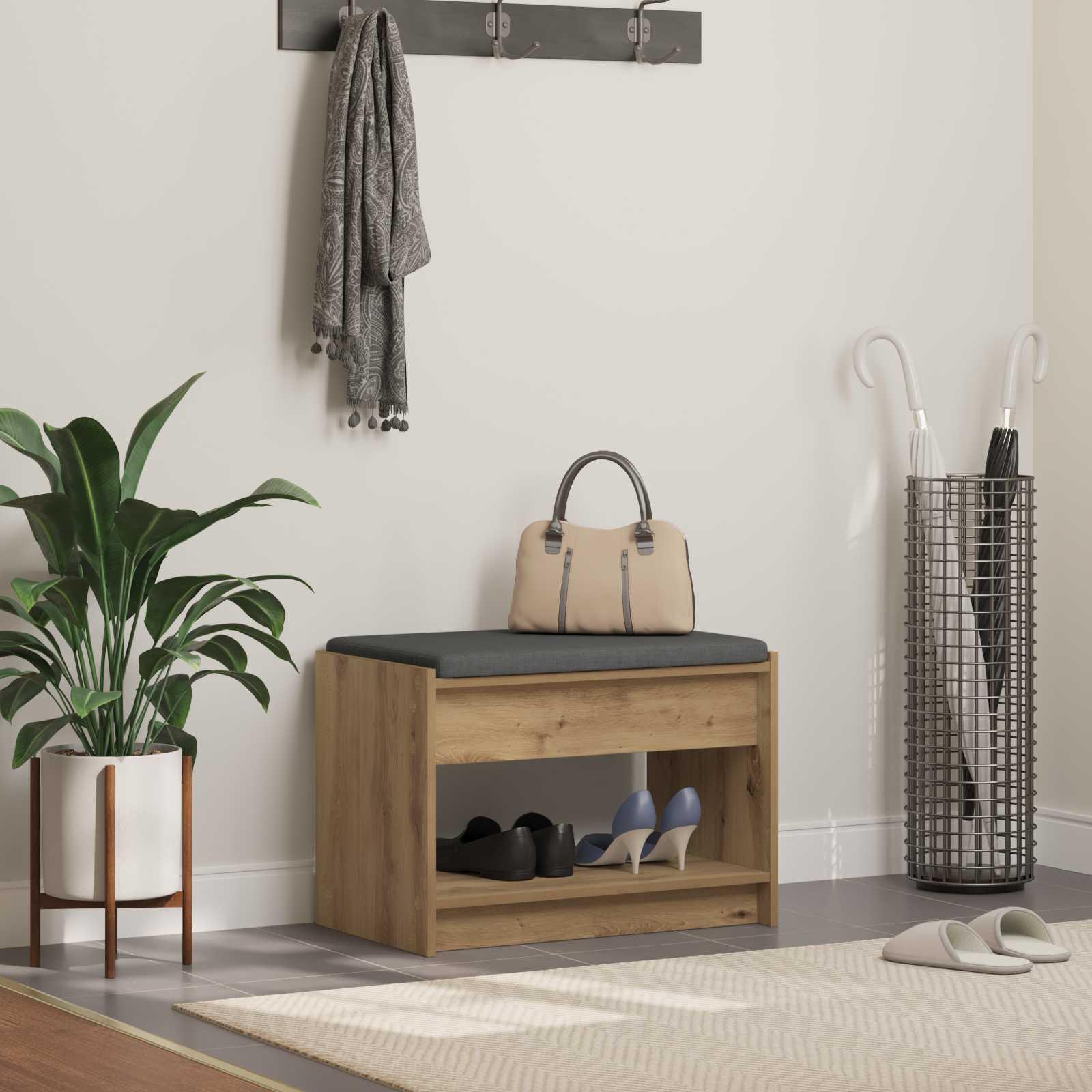 Hallbænk i artisan eg 63 × 38 × 45 cm - kunstigt træ med stofpude