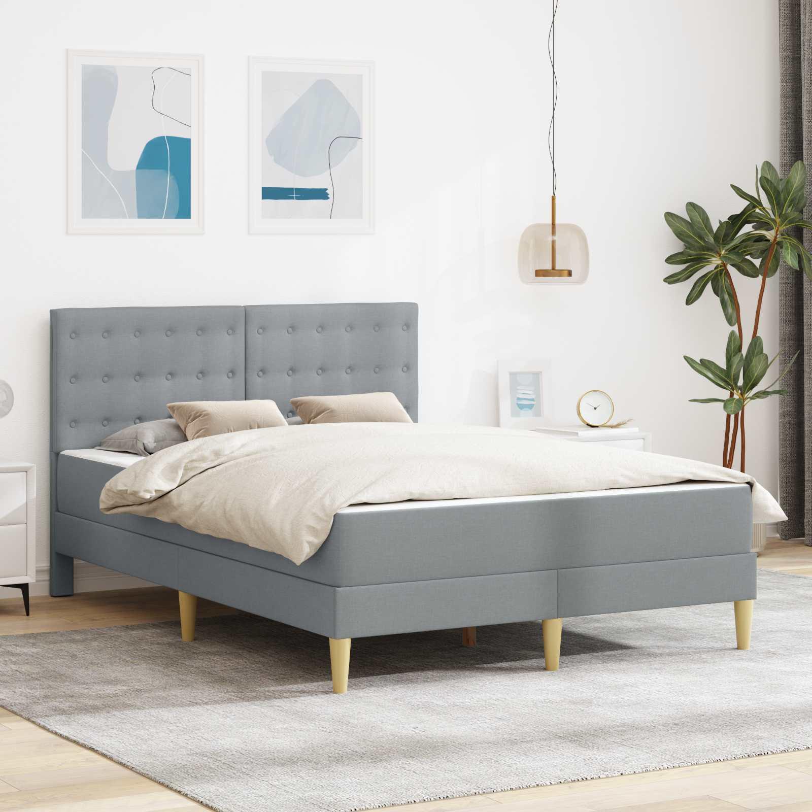 vidaXL Sengeramme med madras med hovedgærde Lysegrå 140 x 190 cm Stof