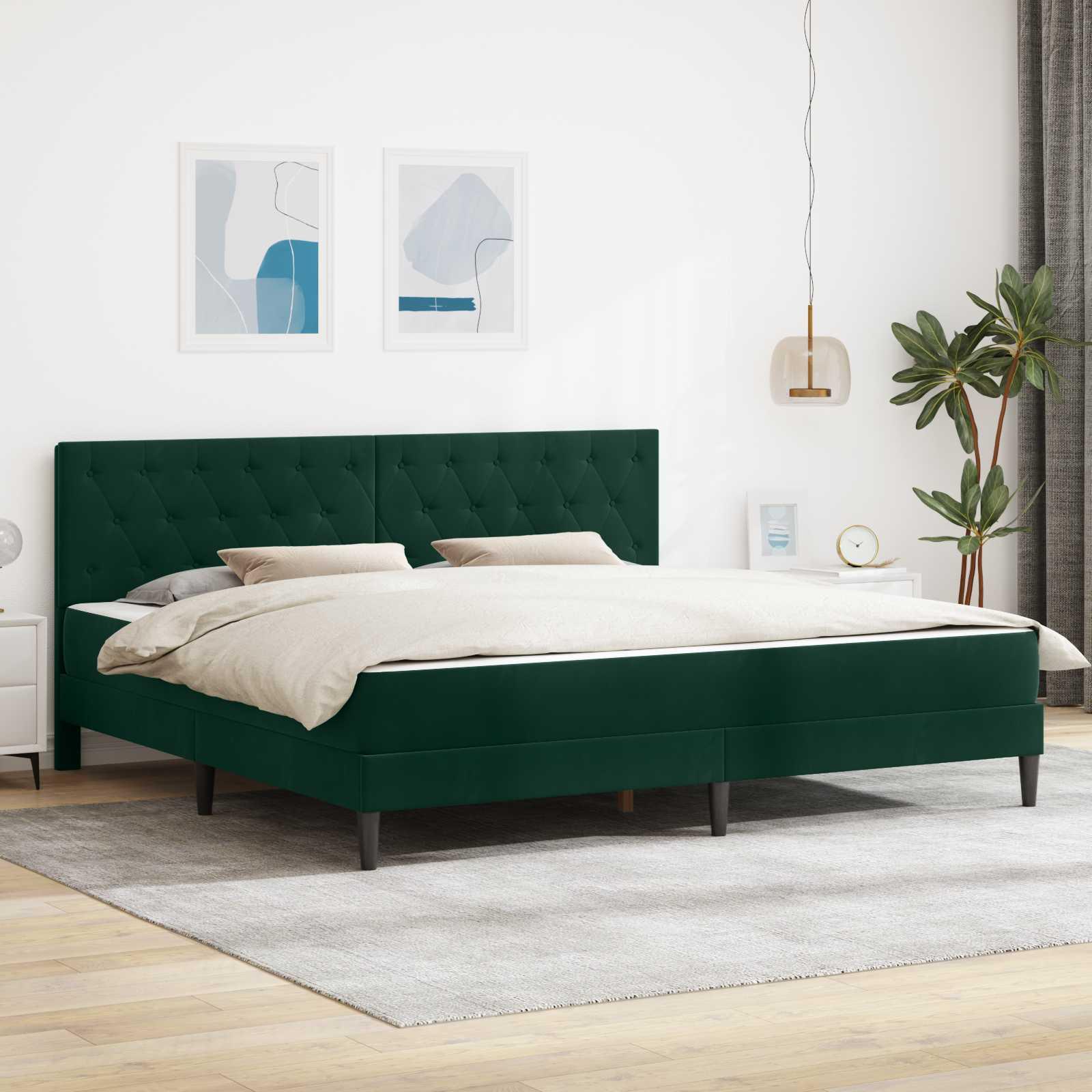 Sengeramme Med Madras Med Hovedgærde Fløjl - Mørkegrøn / 180 x 200 cm