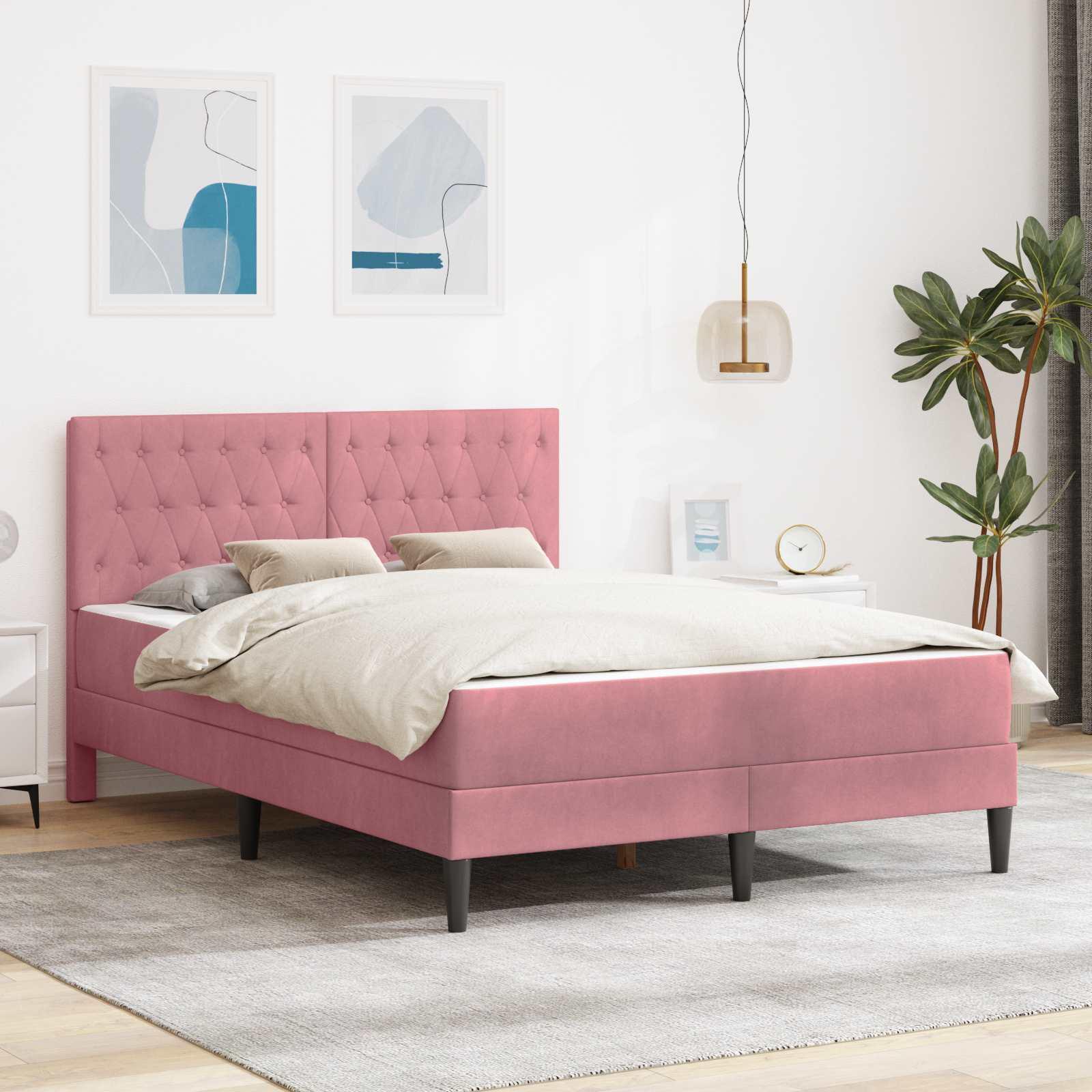 Sengeramme med madras med hovedgærde Lyserød 160 x 200 cm Fløjl