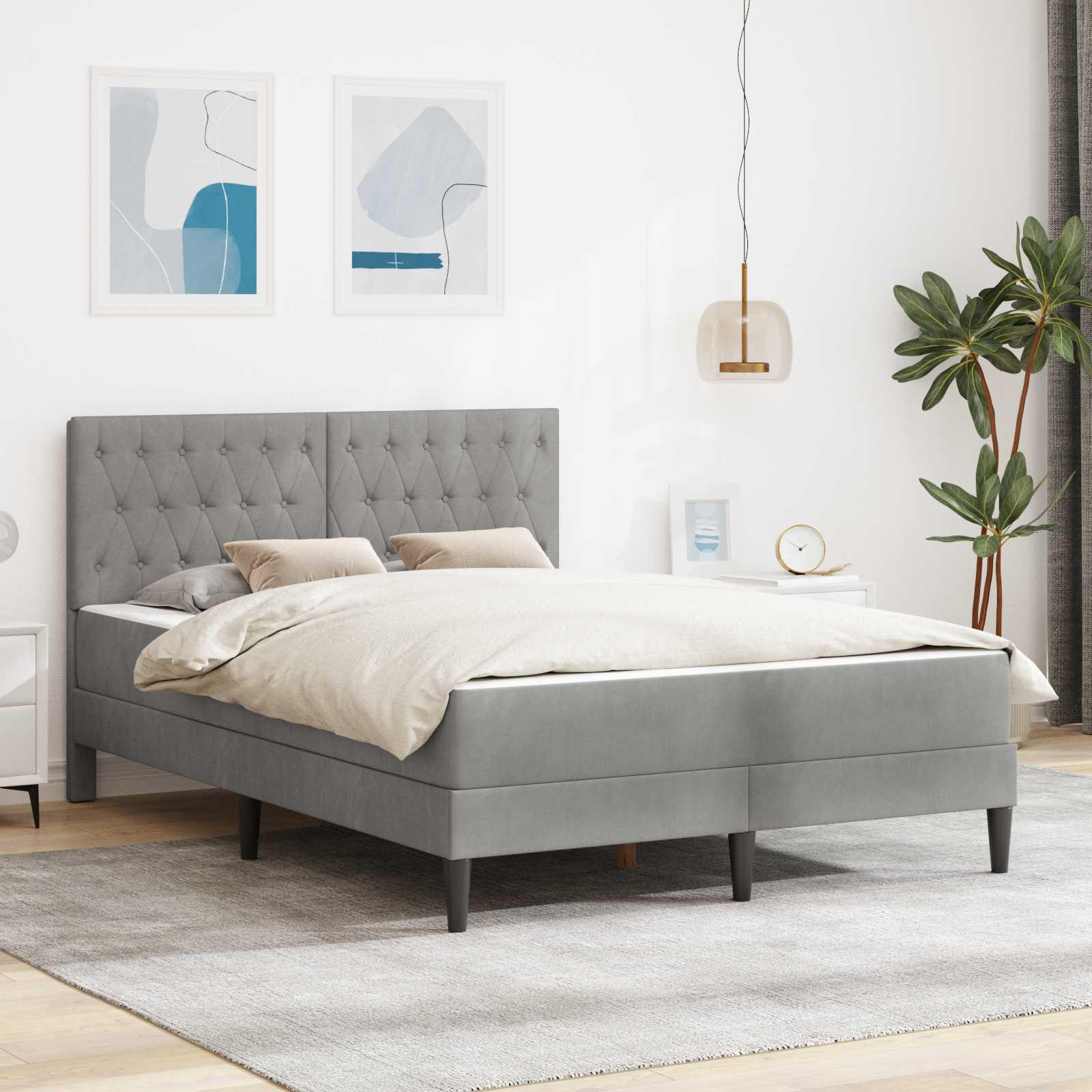 Sengeramme med madras med hovedgærde Lysegrå 160 x 200 cm Fløjl