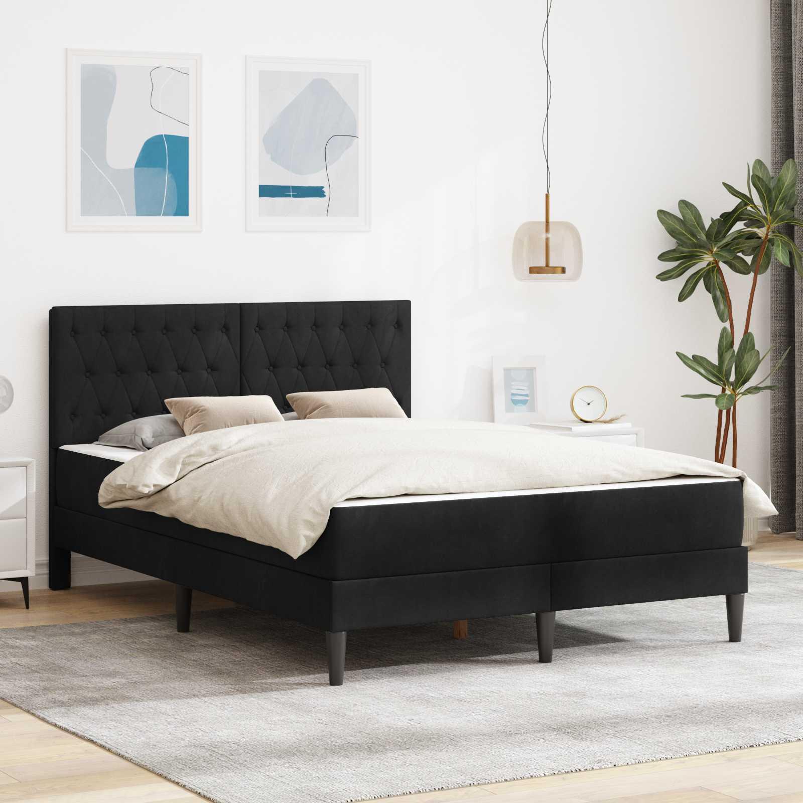 Sengeramme med madras med hovedgærde Sort 140 x 200 cm Fløjl