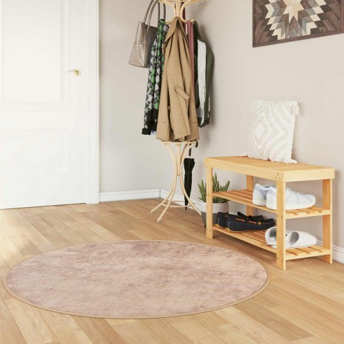 Rundt tæppe i sandfarvet velour - 120 x 120 cm, polyester med skridsikker PVC-bagside