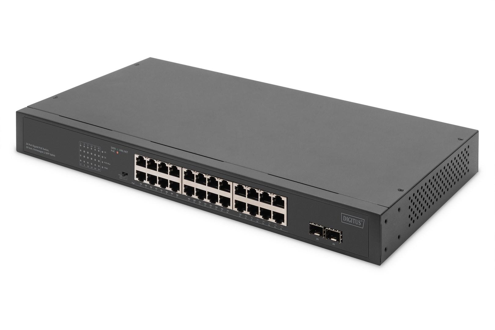 DIGITUS 24-port Gigabit switch, 19" unmanaged med 2 SFP-uplink billede