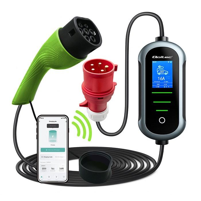 Qoltec mobil EV-lader 2-i-1 Type 2 – 22 kW, 400 V, CEE 32 A, Wi‑Fi (Tuya/Smart Life), LCD, bærbar wallbox, 7 m