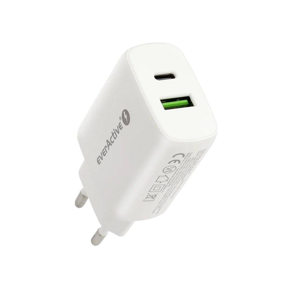 everActive SC-370Q vægoplader - 1x USB Quick Charge 3.0 + 1x USB‑C PD PPS 25 W, hvid