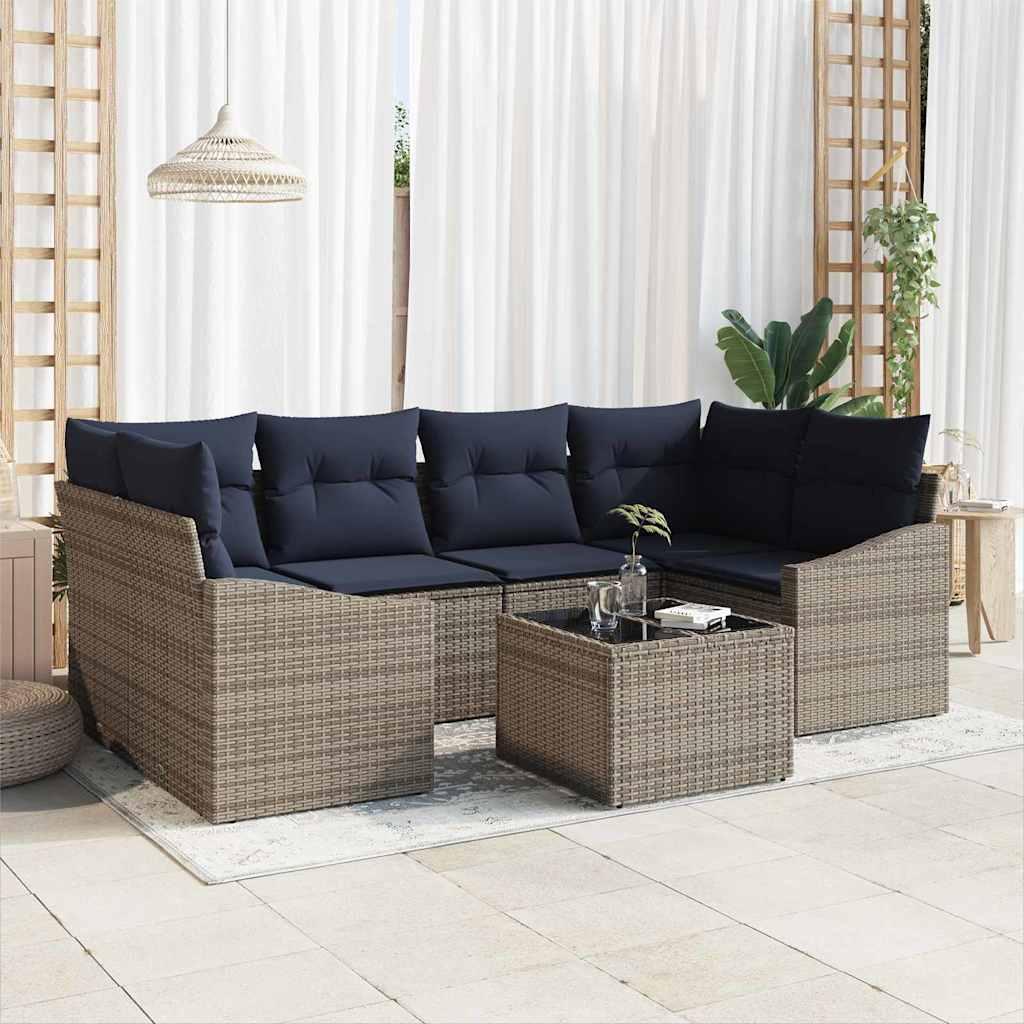 Sofa Sæt med pude 7 stk Grå og Marineblå polyrattan