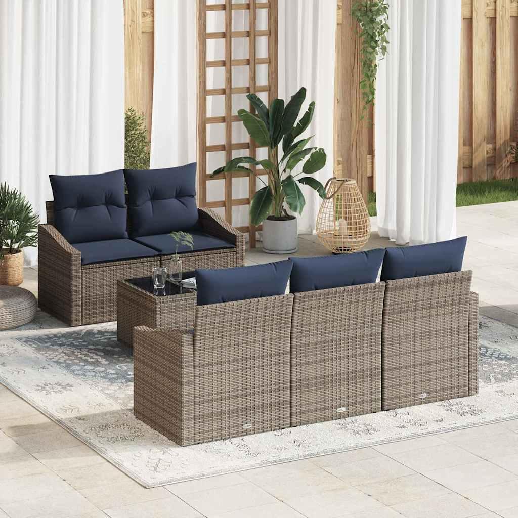 Sofa Sæt med pude 6 stk Grå og Marineblå polyrattan