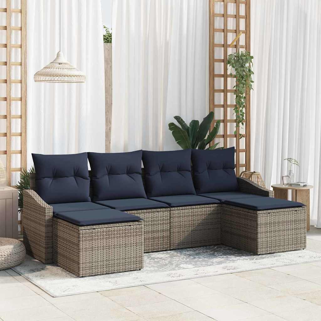 Havesofa Sæt med pude 6 stk Grå og Marineblå polyrattan