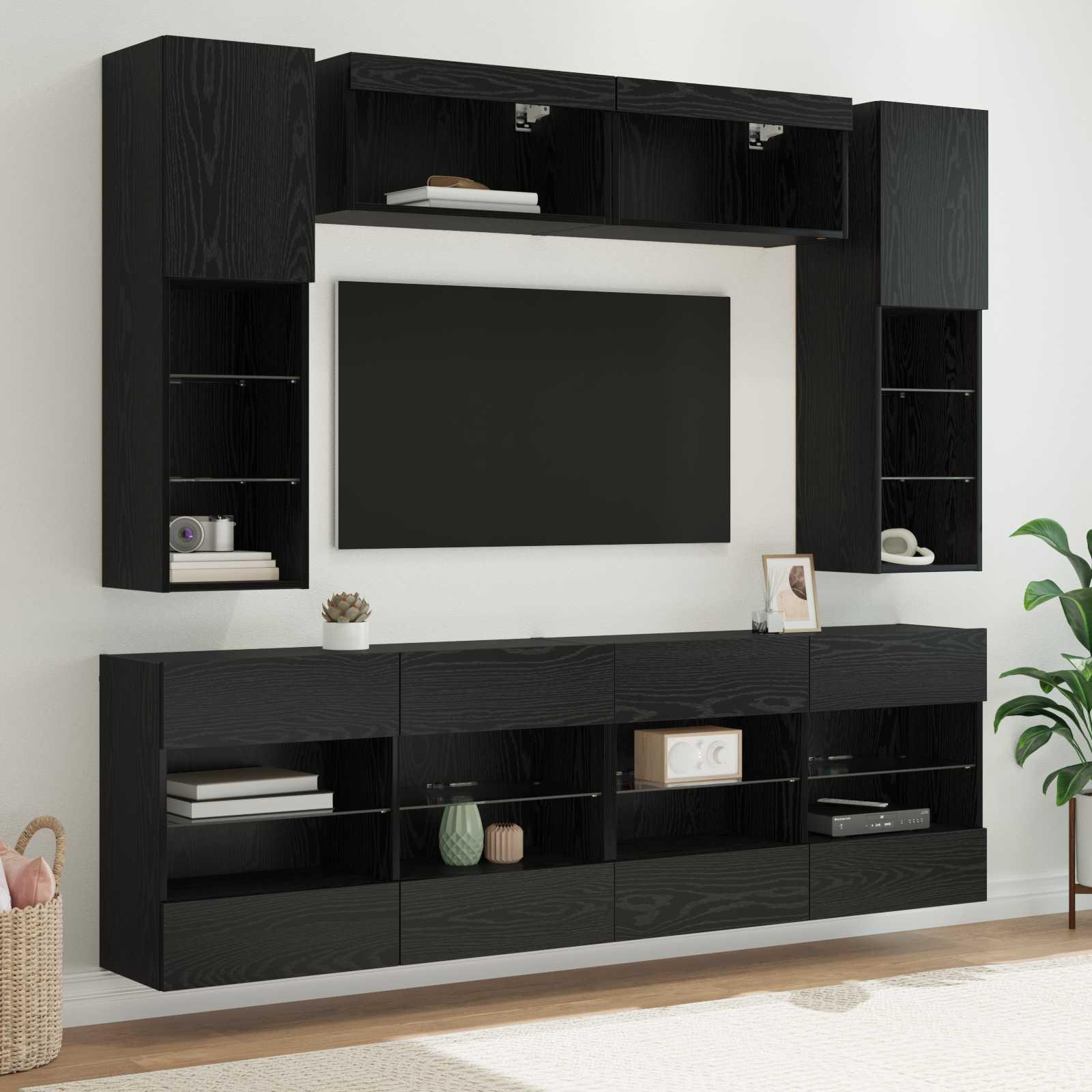 Tv vægskab sæt med LED 6 stk Sort Eg Konstrueret træ