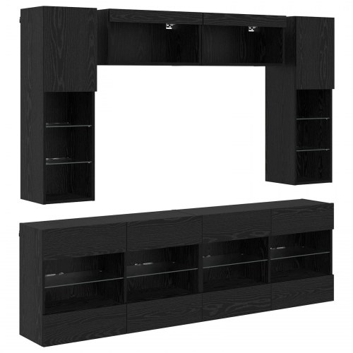 Tv vægskab sæt med LED 6 stk Sort Eg Konstrueret træ