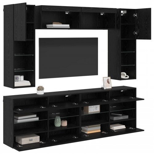 Tv vægskab sæt med LED 6 stk Sort Eg Konstrueret træ