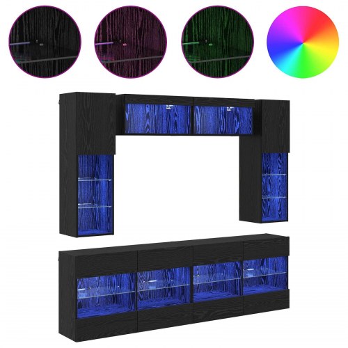 Tv vægskab sæt med LED 6 stk Sort Eg Konstrueret træ