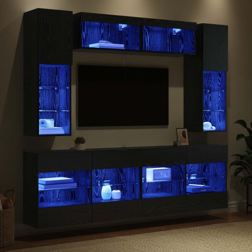 Tv vægskab sæt med LED 6 stk Sort Eg Konstrueret træ