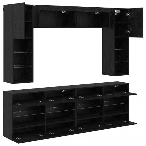 Tv vægskab sæt med LED 6 stk Sort Eg Konstrueret træ