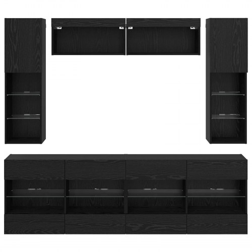 Tv vægskab sæt med LED 6 stk Sort Eg Konstrueret træ