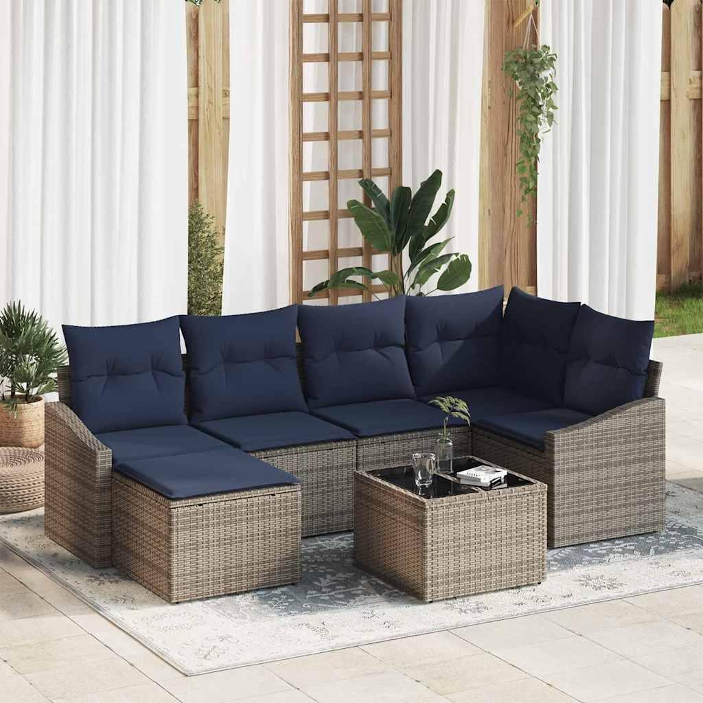 Sofa Sæt med pude 7 stk Grå og Marineblå polyrattan