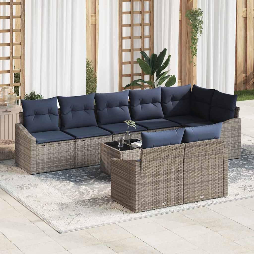 Havesofa Sæt med pude 9 stk Grå og Marineblå polyrattan