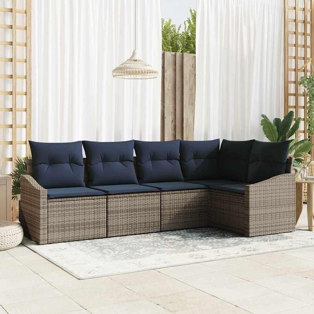 Havesofa Sæt med pude 5 stk Grå og Marineblå polyrattan