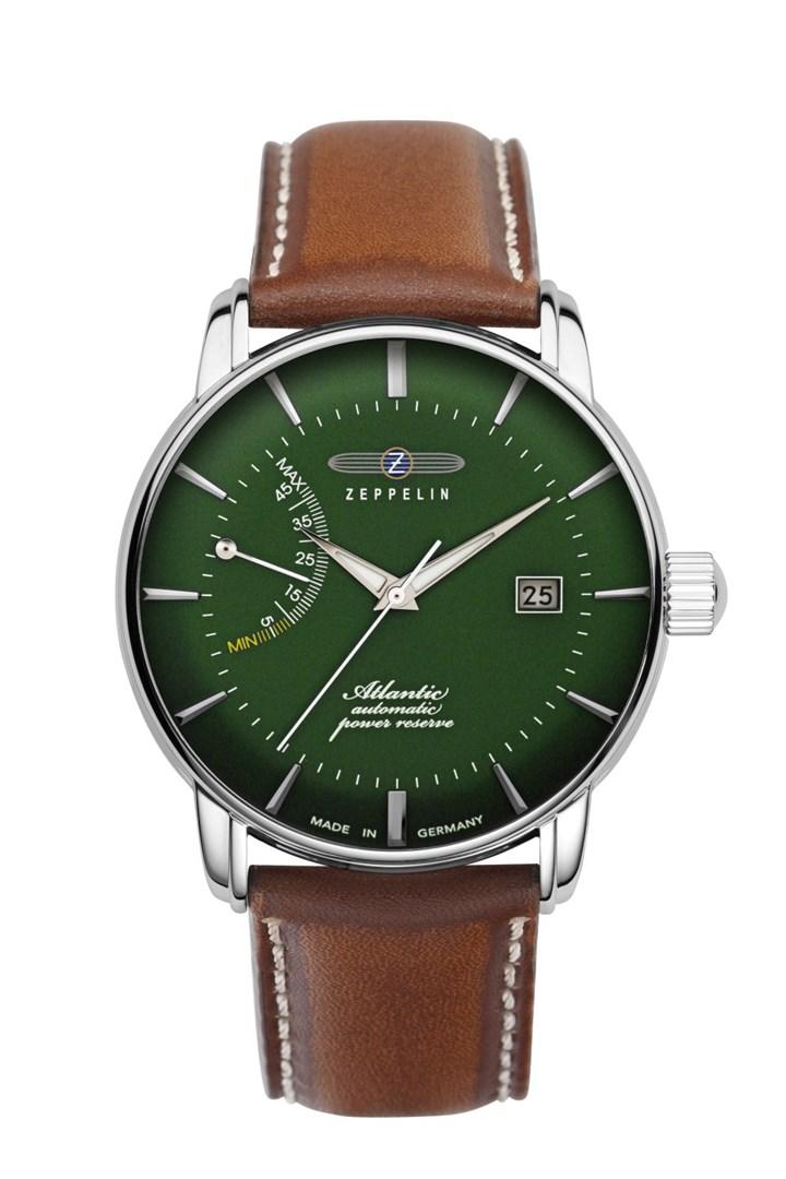 Zeppelin Atlantic 84624 automatisk ur 41 mm - grøn skive og brun læderrem