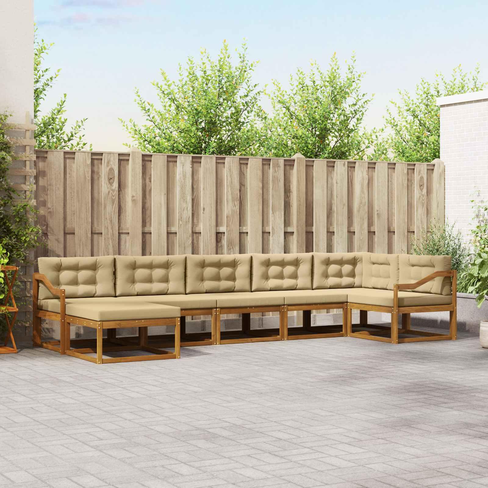 Udendørs modulær sofagruppe i akacietræ med beige puder - 7 dele