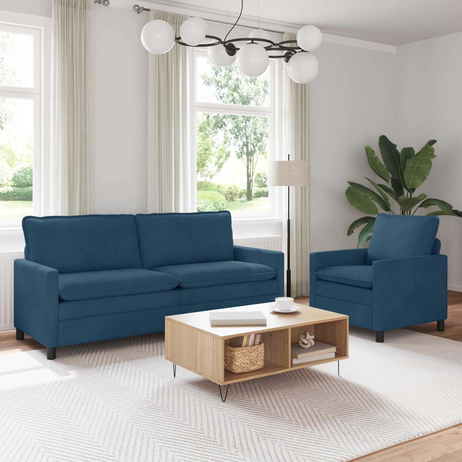 Sofa Sæt 2 stk Blå Fløjl