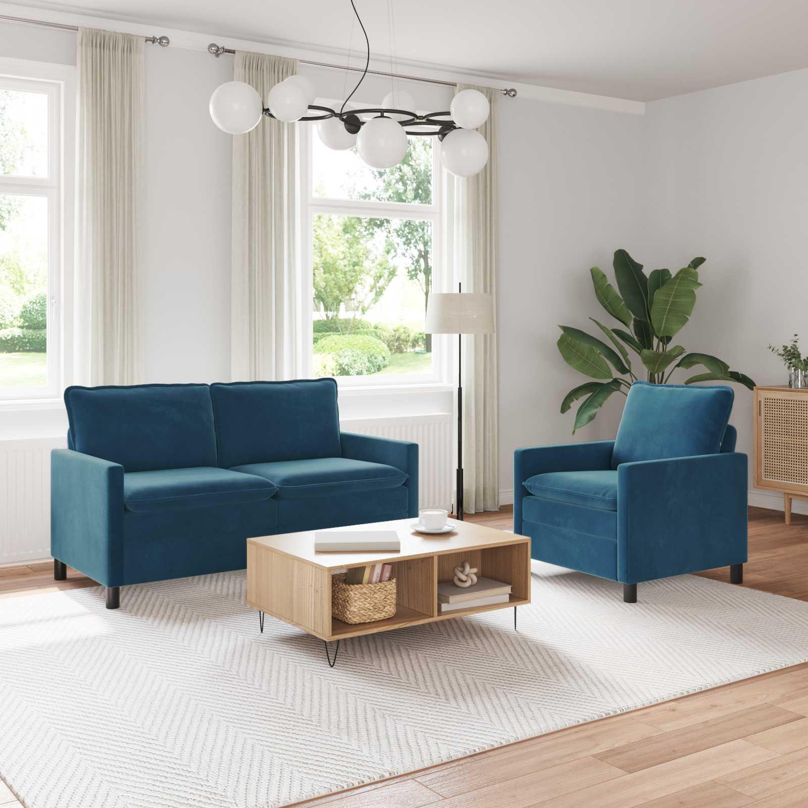 Sofa Sæt 2 stk Blå Fløjl