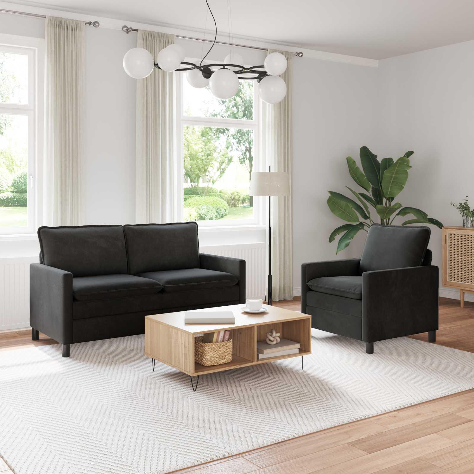 Sofa Sæt 2 stk Sort Fløjl