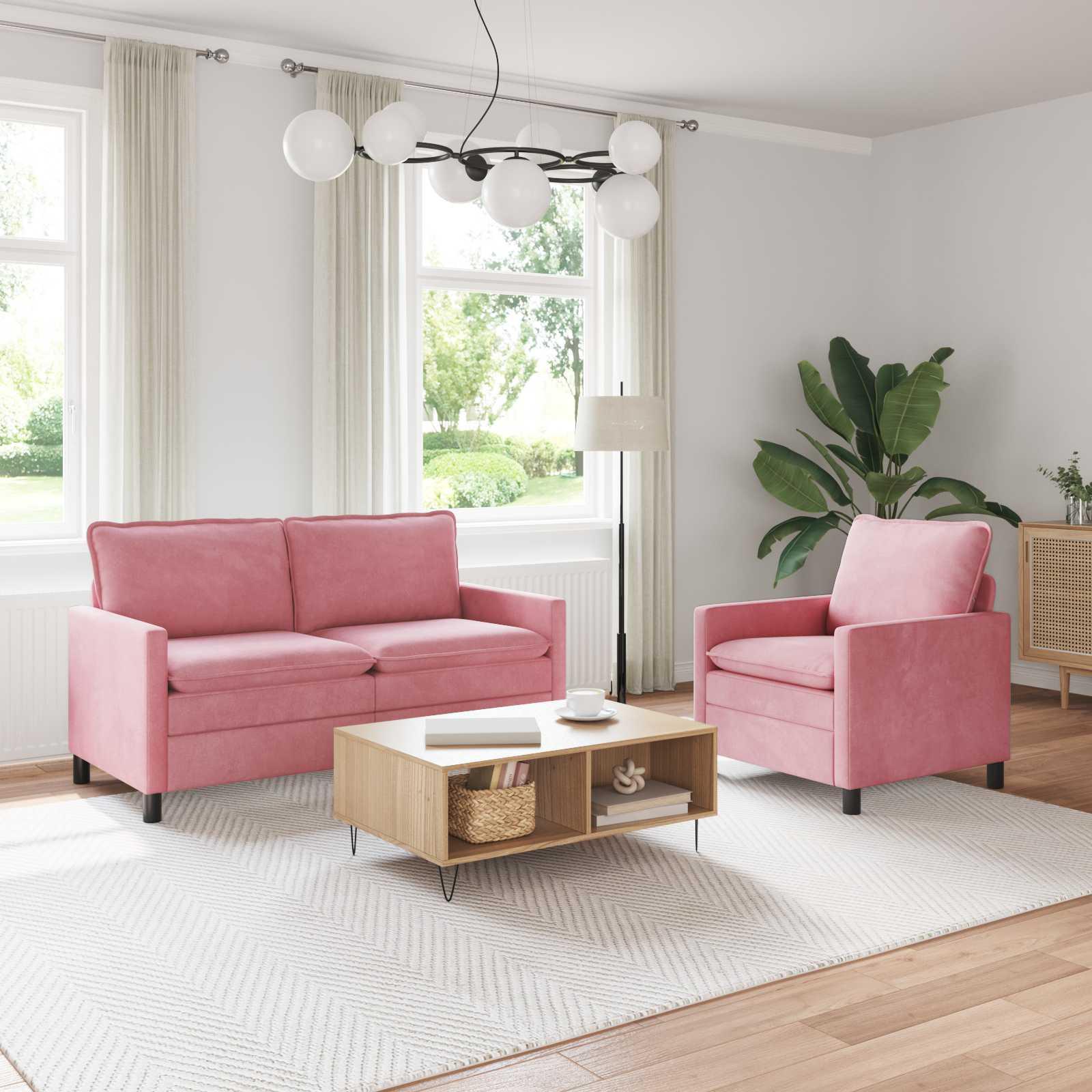 SofasÃ¦t i lyserÃ¸d flÃ¸jl - 2-personers sofa + lÃ¦nestol