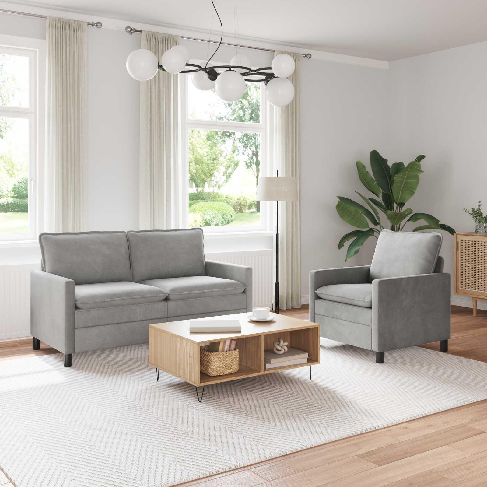 Sofa Sæt 2 stk Lysegrå Fløjl