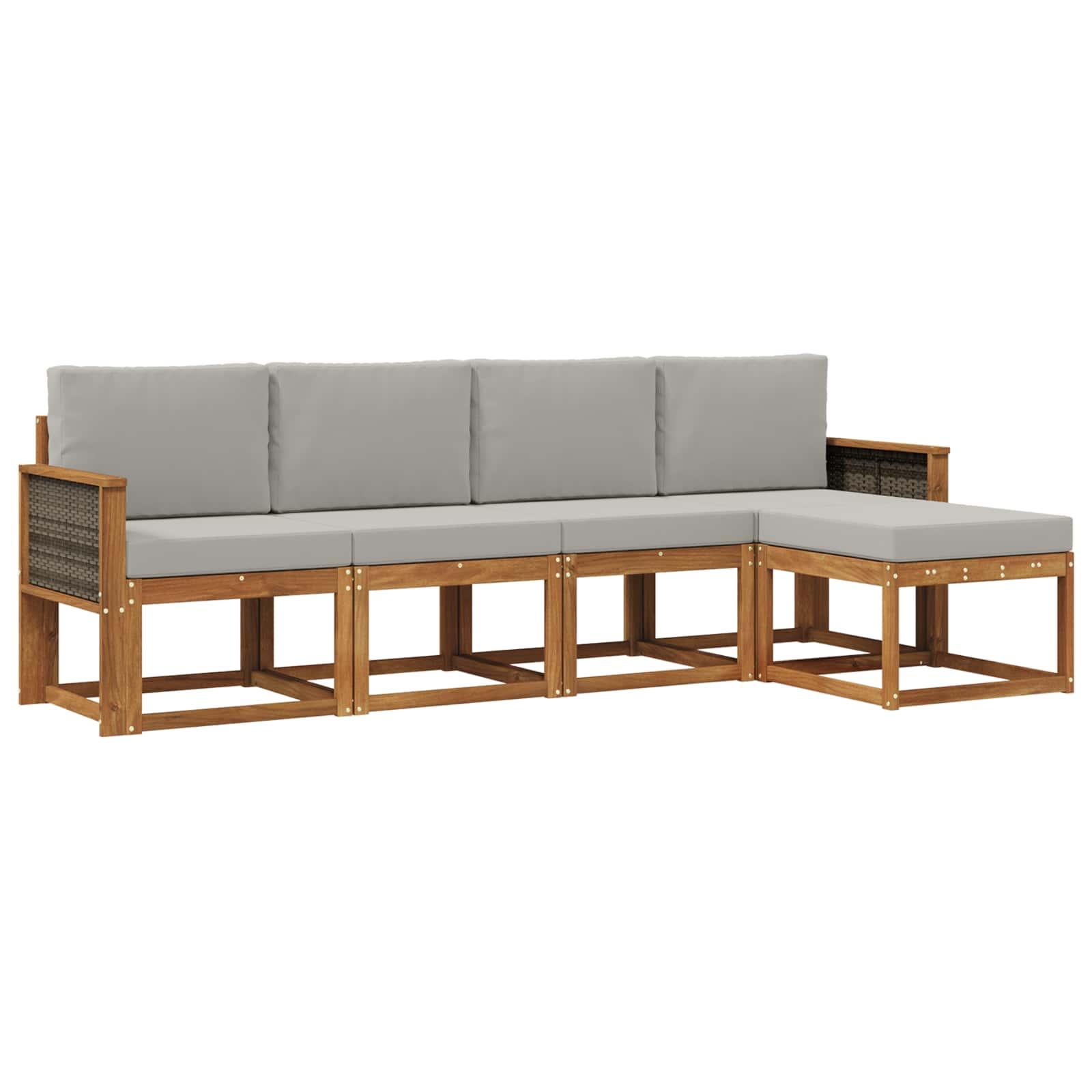 Udendørs sofagruppe i akacietræ - 5-pers. modulsofa, natur/lysegrå polyester