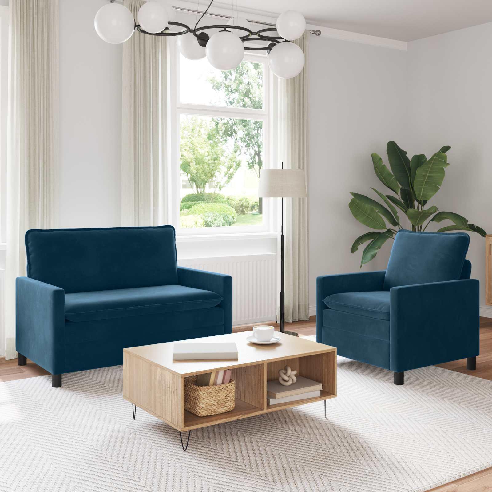 Sofa Sæt 2 stk Blå Fløjl