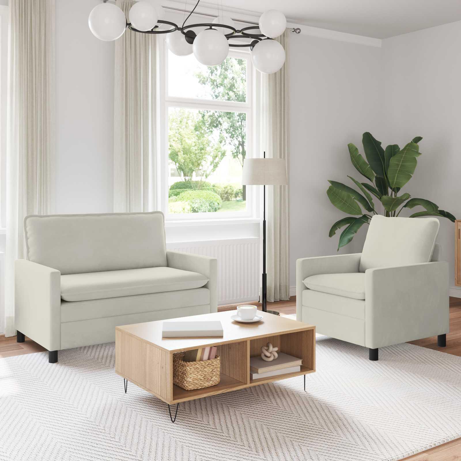 Sofa sÃ¦t i cremefarvet flÃ¸jl - 2-pers. sofa + lÃ¦nestol
