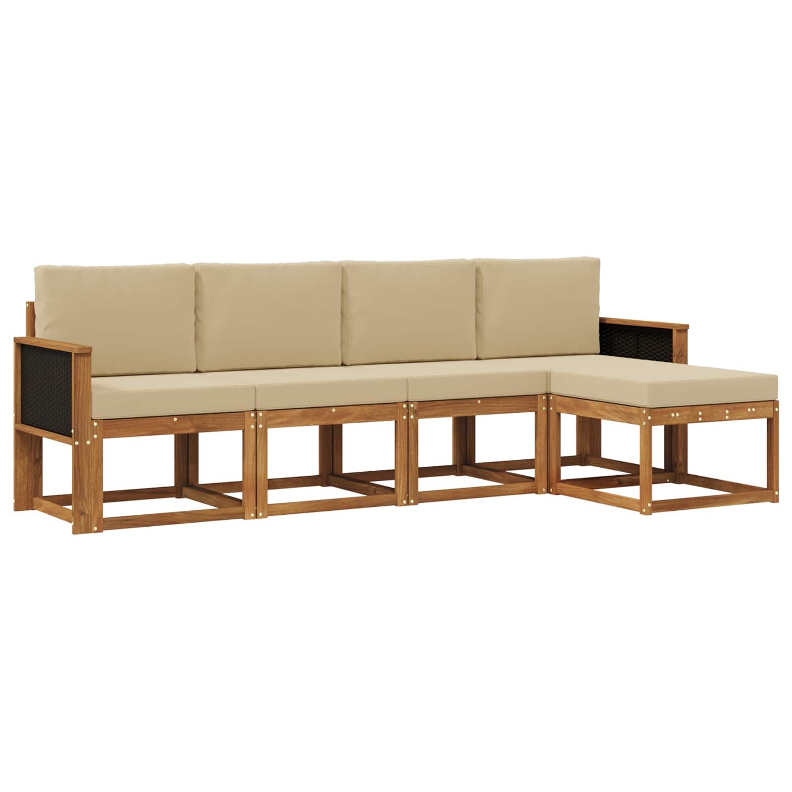 Udendørs sofagruppe i akacietræ - 5-pers. modulsofa, naturlig/beige