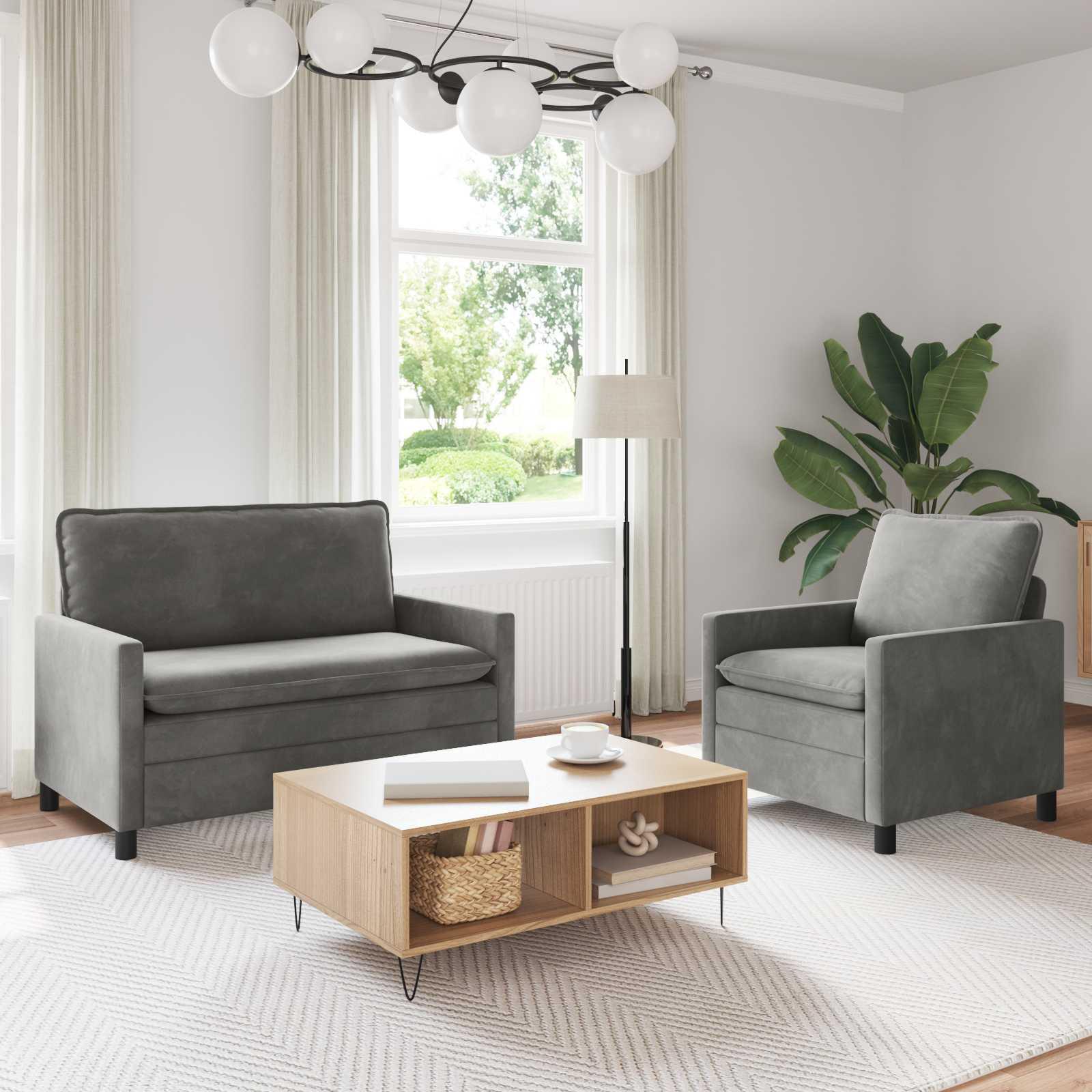 Sofa Sæt 2 stk Lysegrå Fløjl
