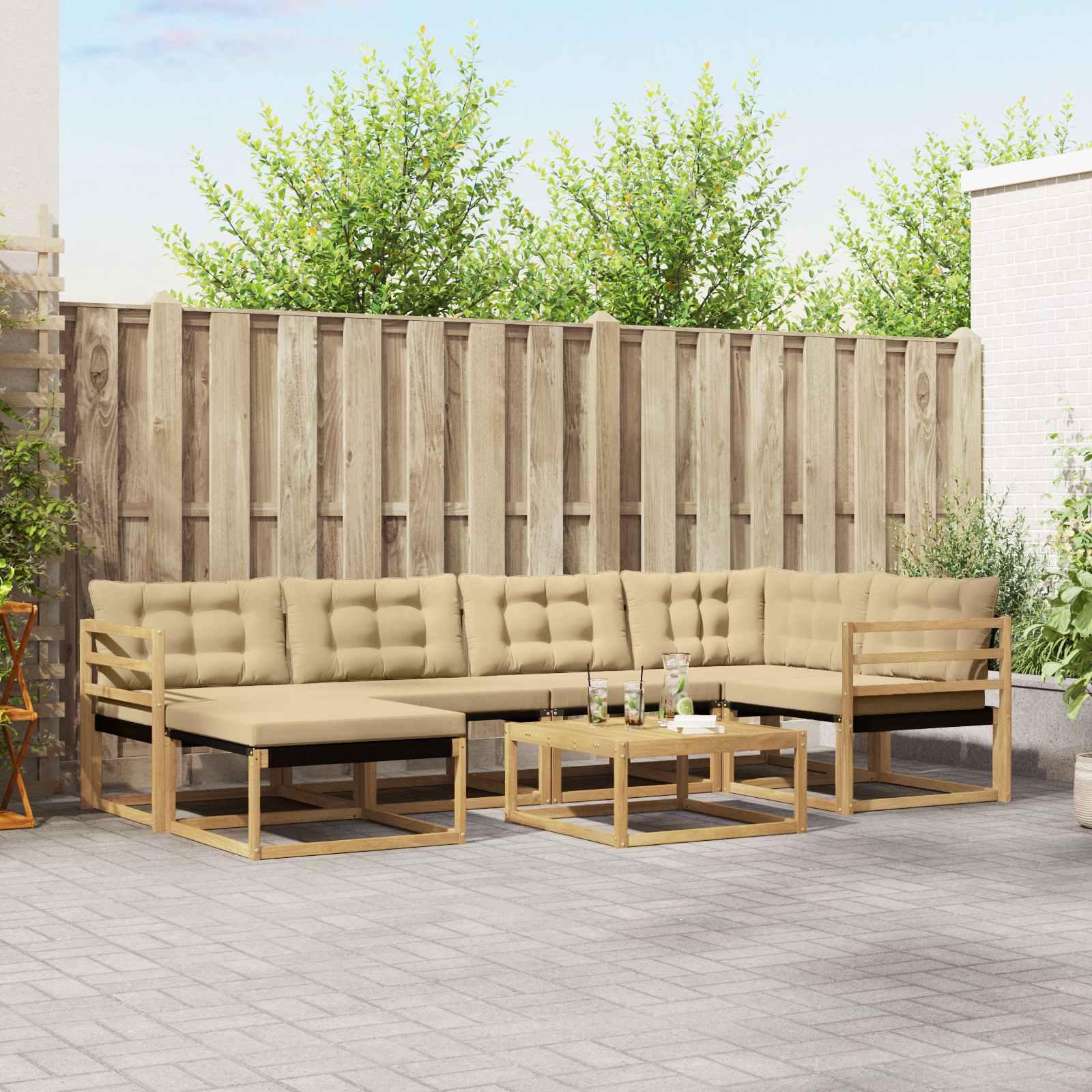 Udendørs sofagruppe i akacietræ - 7 dele, hvid/beige, modulær