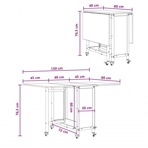 Foldbart spisebord med hjul 130 x 80 x 76,5 cm stål PB