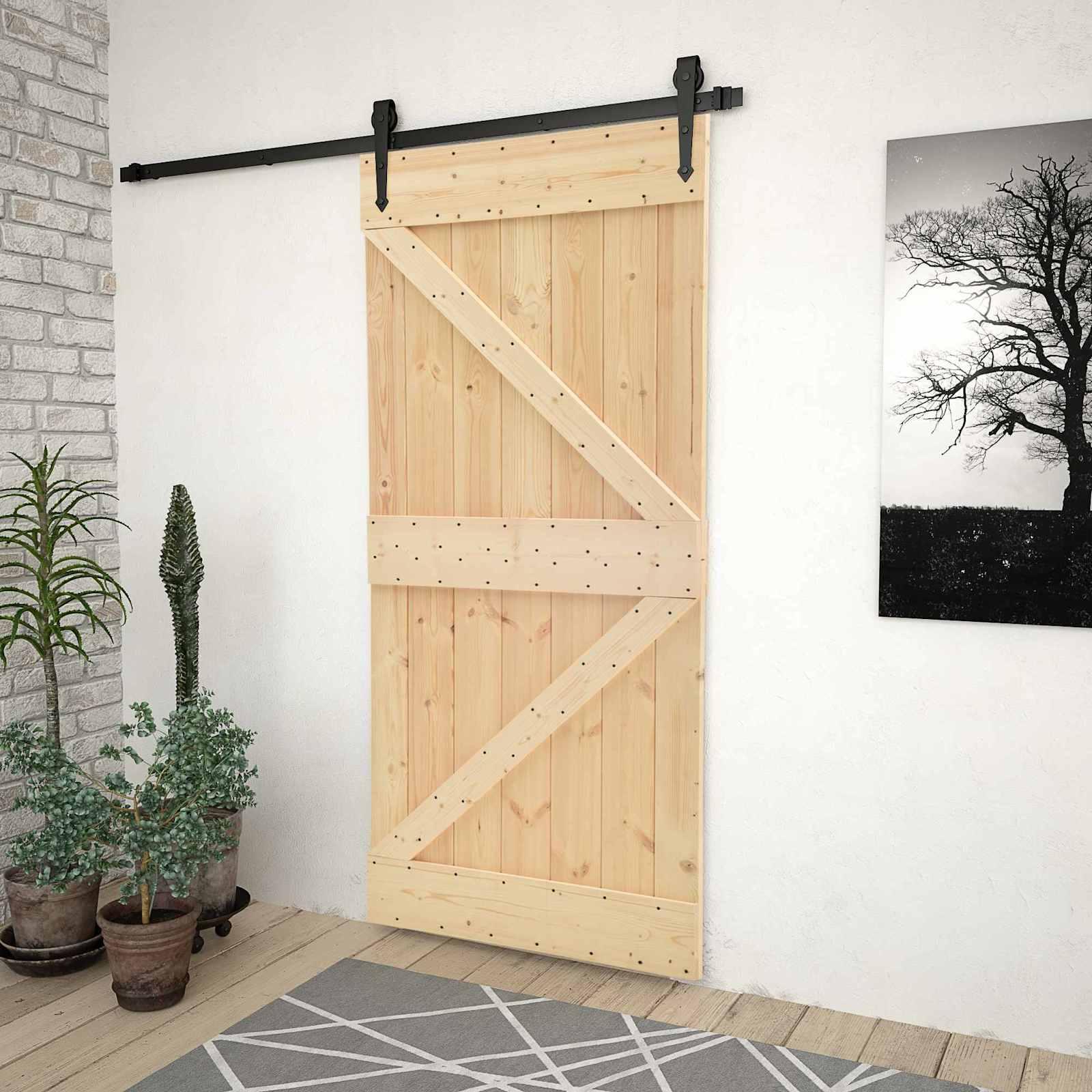 Skydedør Naturfarvet og sort 80 x 210 cm Massivt fyrretræ