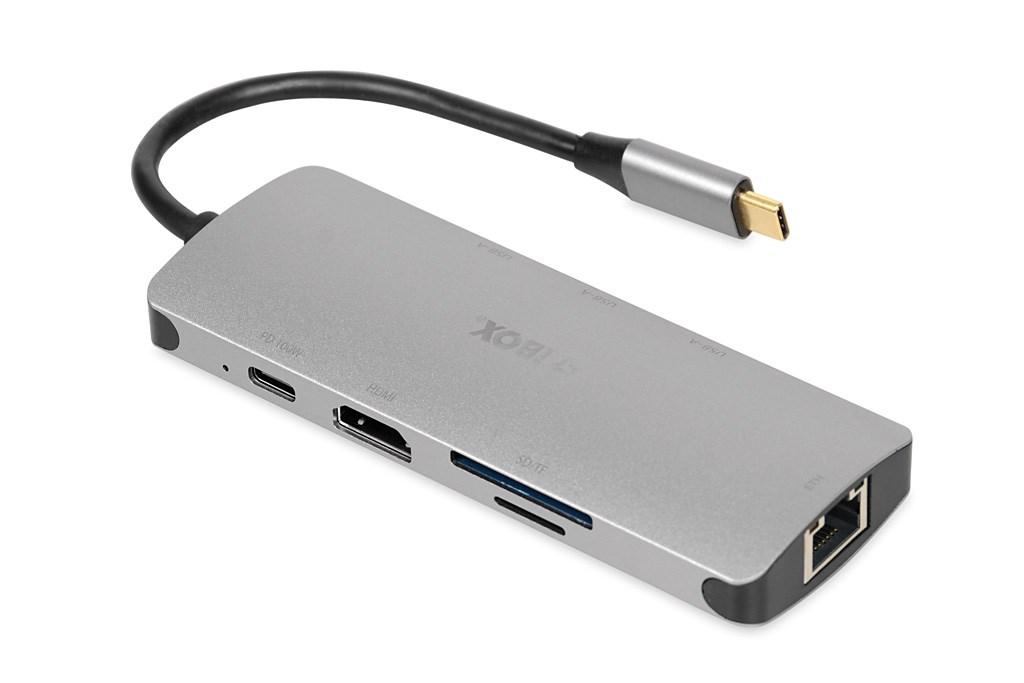 iBox IUH3RJ4K USB-C hub – 3x USB-A, HDMI 4K30, RJ-45, SD-kortlæser – Sølv billede