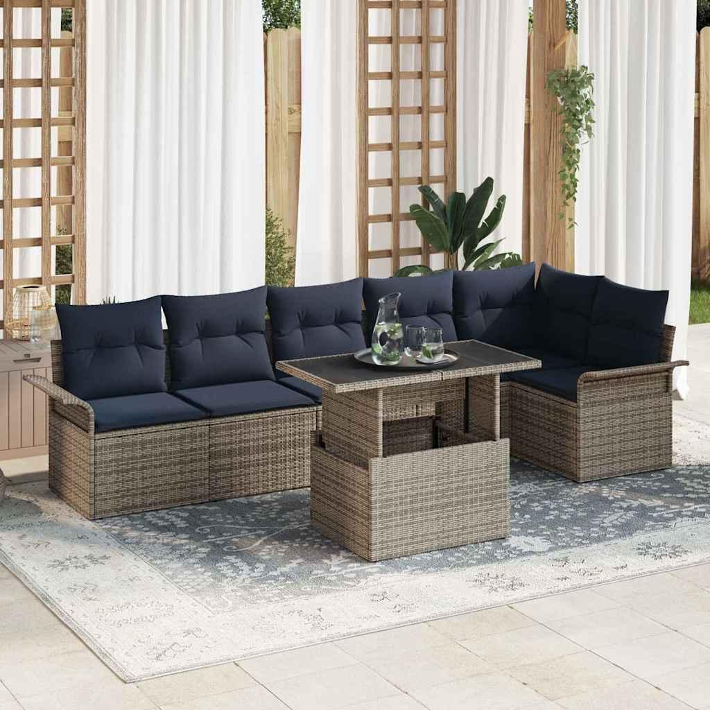 Modulært havesofa-sæt med puder og bord, 7 dele - grå poly rattan