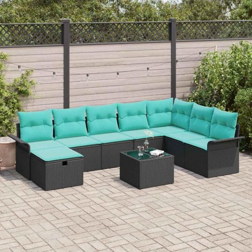 Havesofa Sæt med pude 9 stk Sort og turkis polyrattan