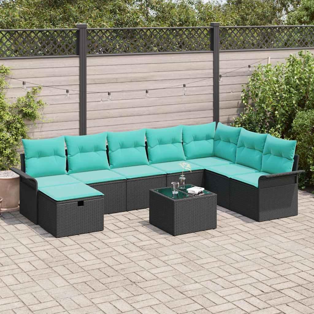 Havesofa Sæt med pude 9 stk Sort og turkis polyrattan